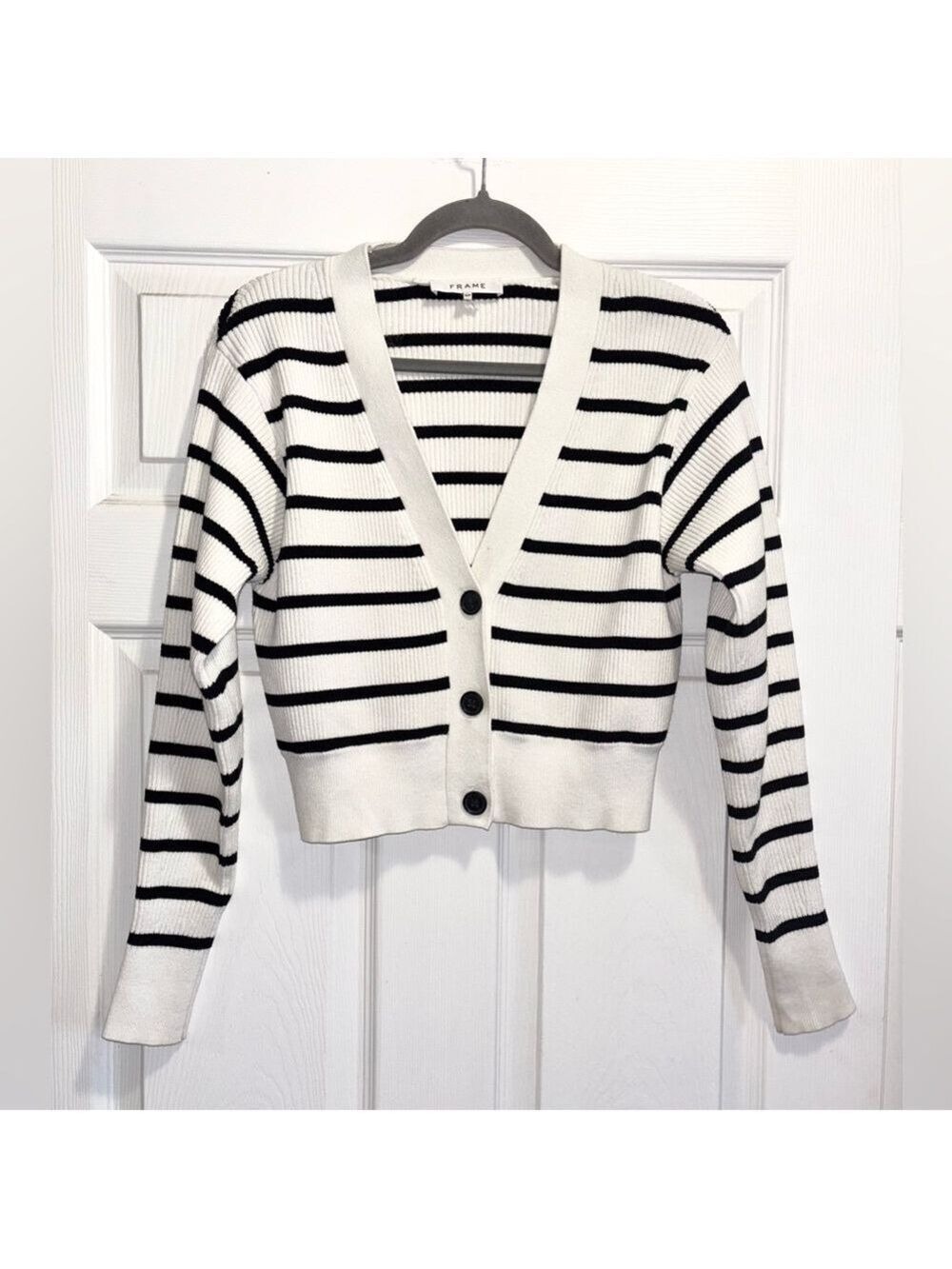 FRAME Relaxed Striped Rib-Knit Cardigan Black and White Stripes Size Small - Picture 7 of 13